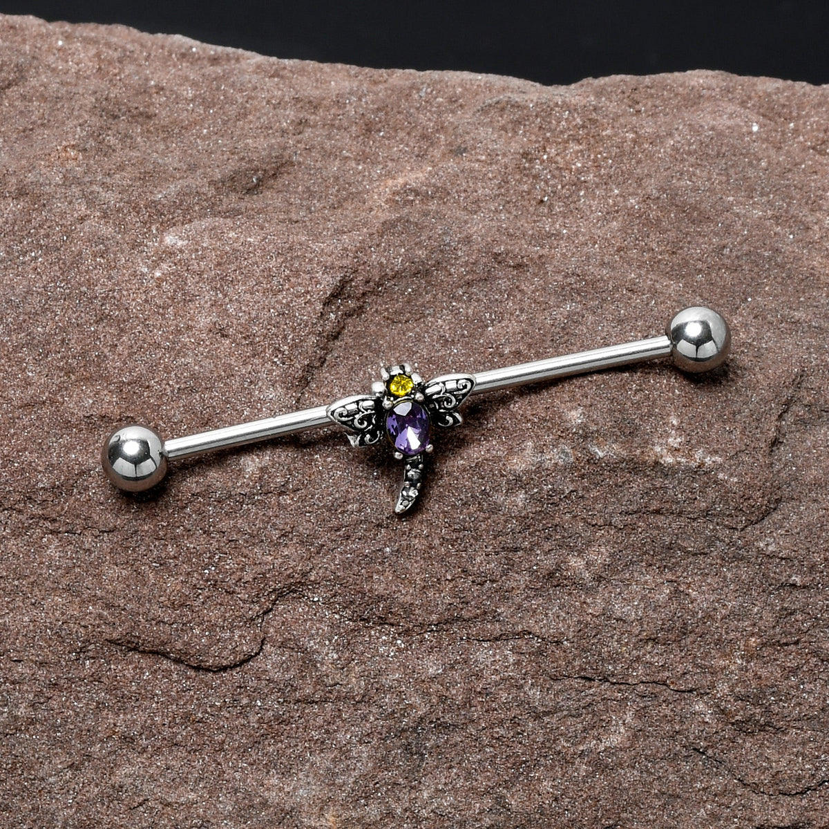 14G Purple Yellow Gem Dragonfly Industrial Barbell 38mm