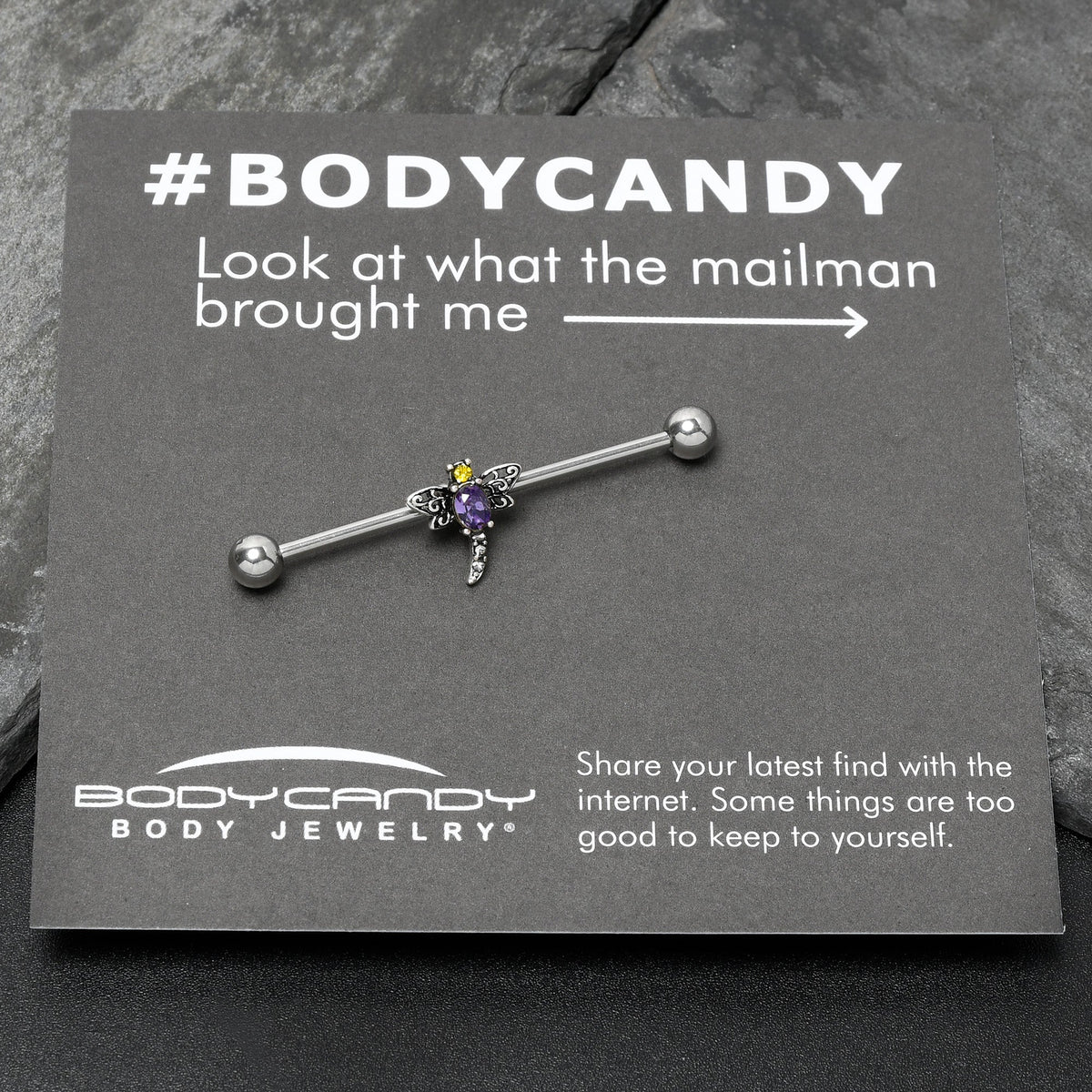 14G Purple Yellow Gem Dragonfly Industrial Barbell 38mm
