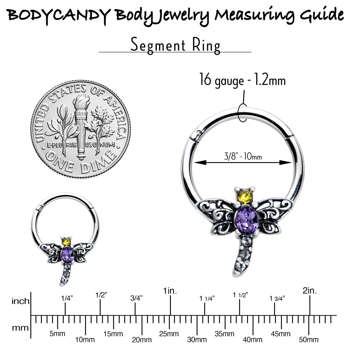 16G 3/8 Purple Yellow Gem Dragonfly Hinged Segment Ring