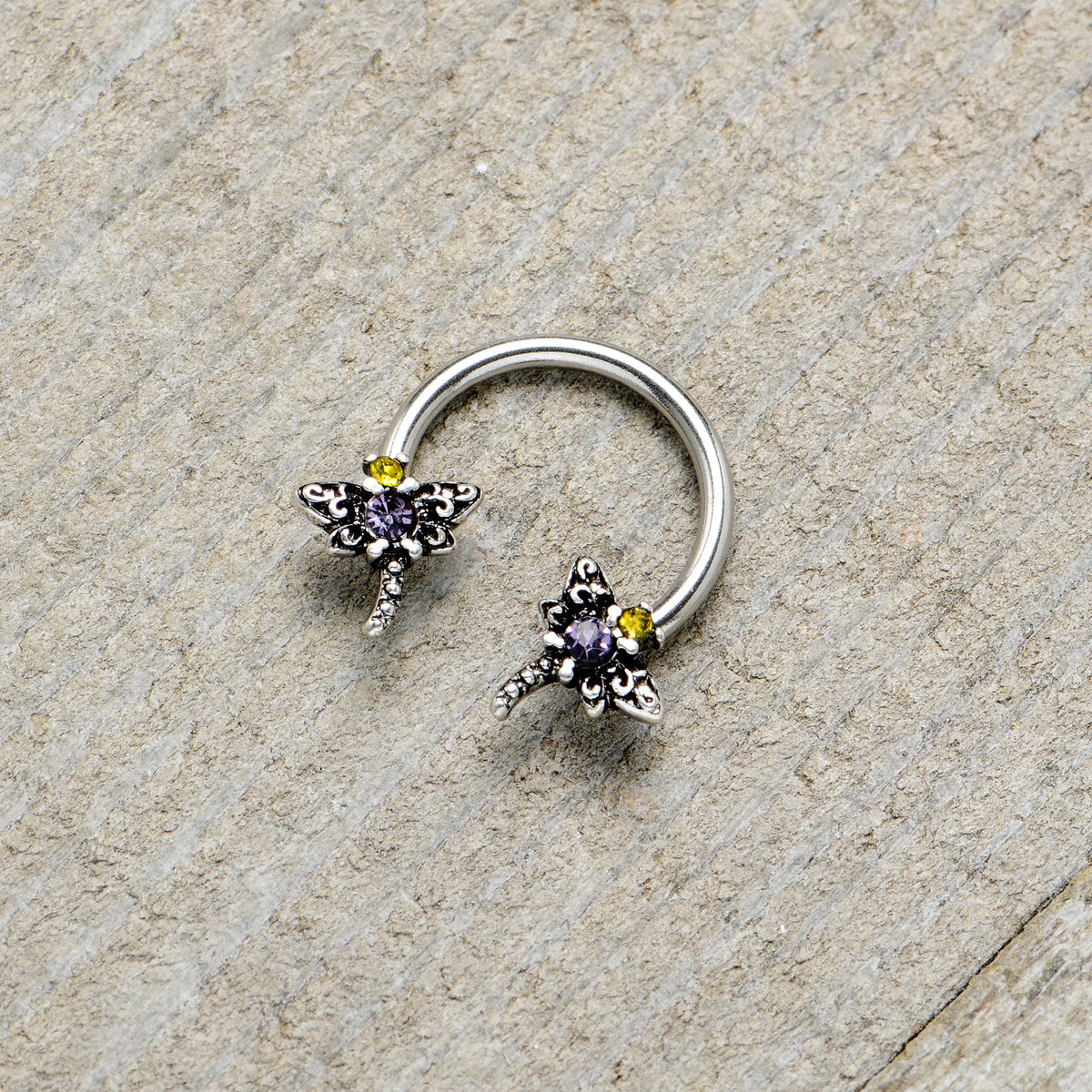16G 3/8 Purple Yellow Gem Dragonfly Horseshoe Circular Barbell