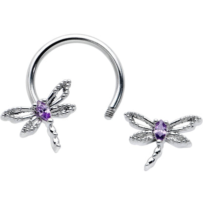 16G 3/8 Purple CZ Gem Open Dragonfly Horseshoe Circular Barbell