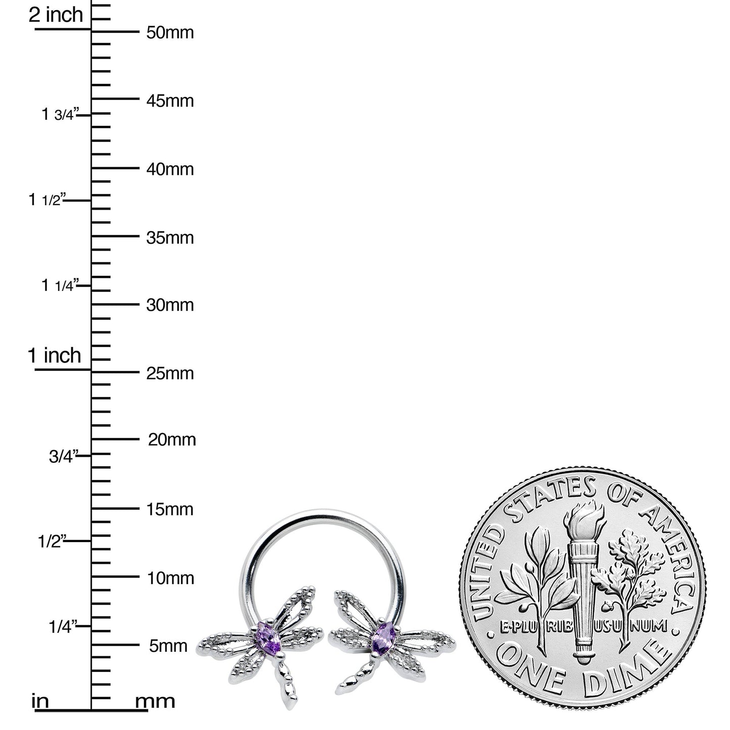 16G 3/8 Purple CZ Gem Open Dragonfly Horseshoe Circular Barbell