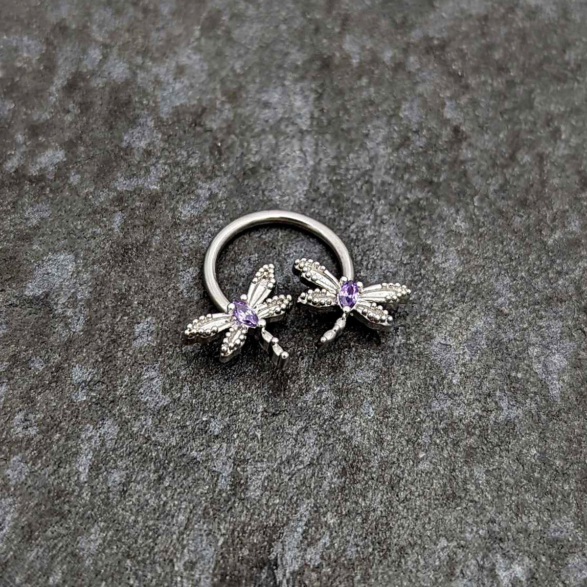 16G 3/8 Purple CZ Gem Open Dragonfly Horseshoe Circular Barbell