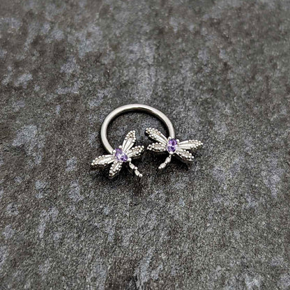 16G 3/8 Purple CZ Gem Open Dragonfly Horseshoe Circular Barbell