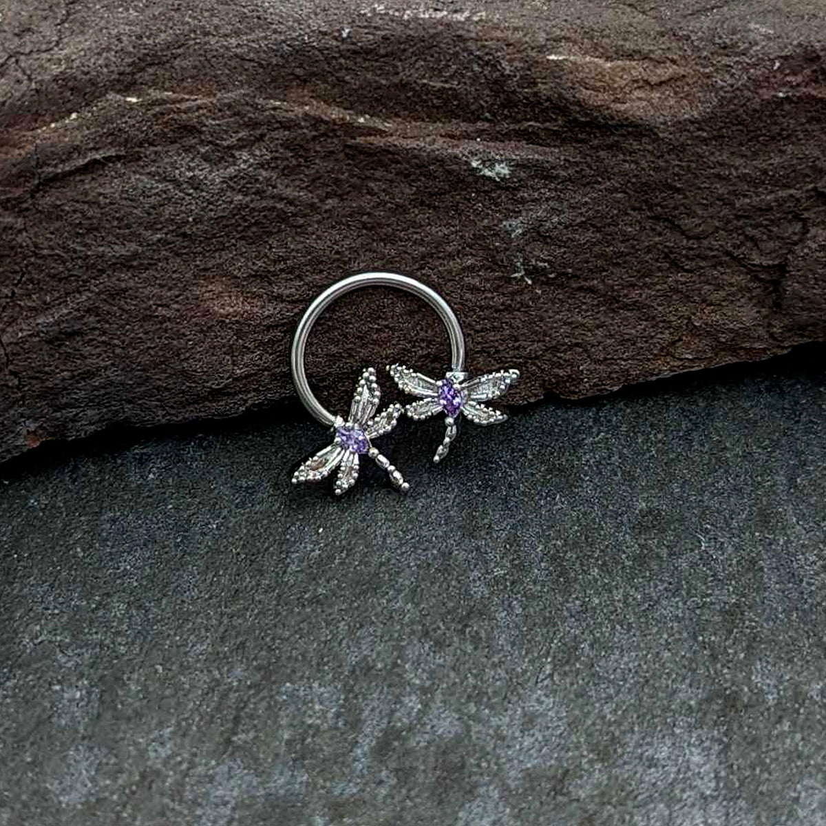 16G 3/8 Purple CZ Gem Open Dragonfly Horseshoe Circular Barbell
