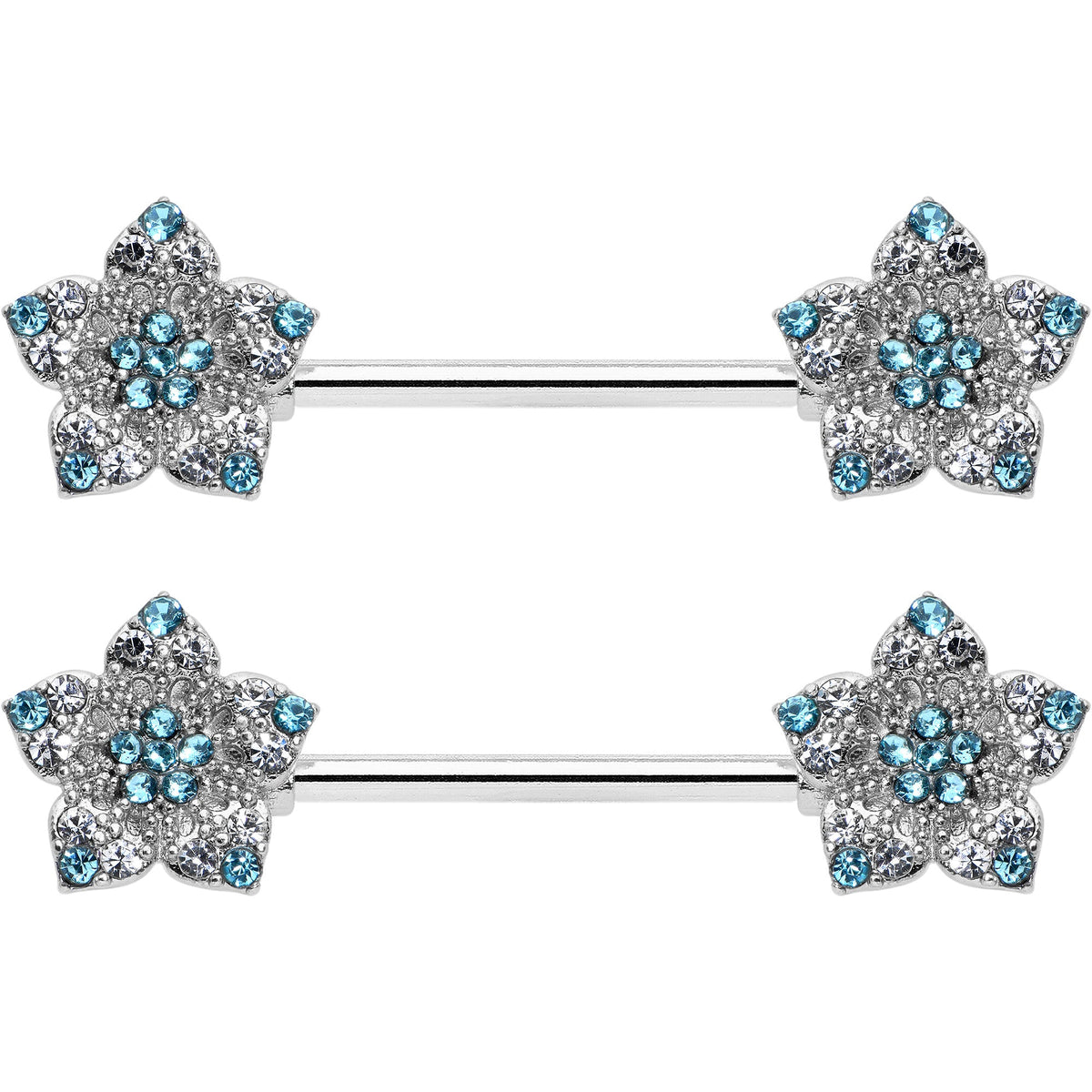 14G 9/16 Blue Clear Gem Opulent Flowers Barbell Nipple Ring Set