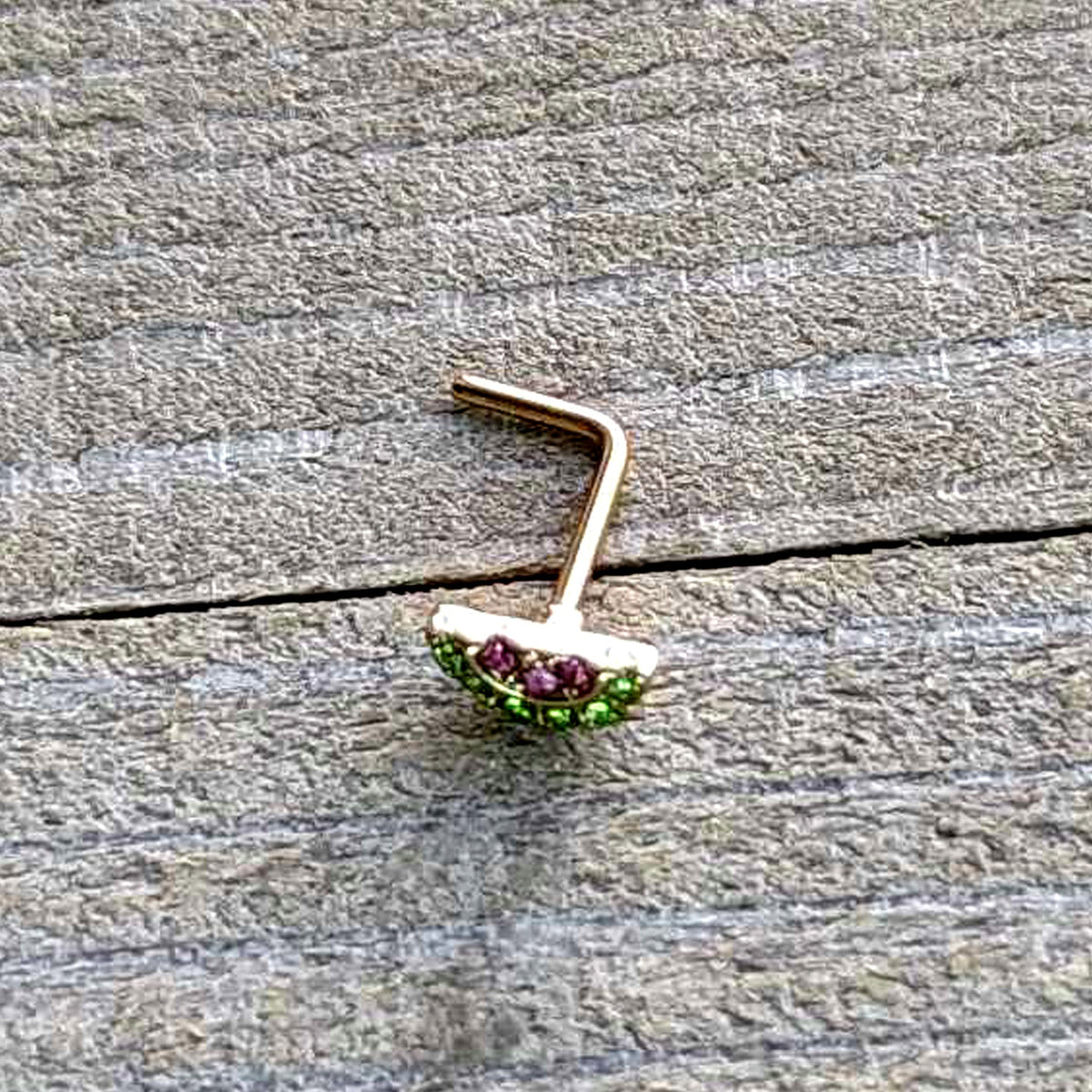 20G 7mm Pink Gem Gold Tone Watermelon Yum L Shape Nose Ring