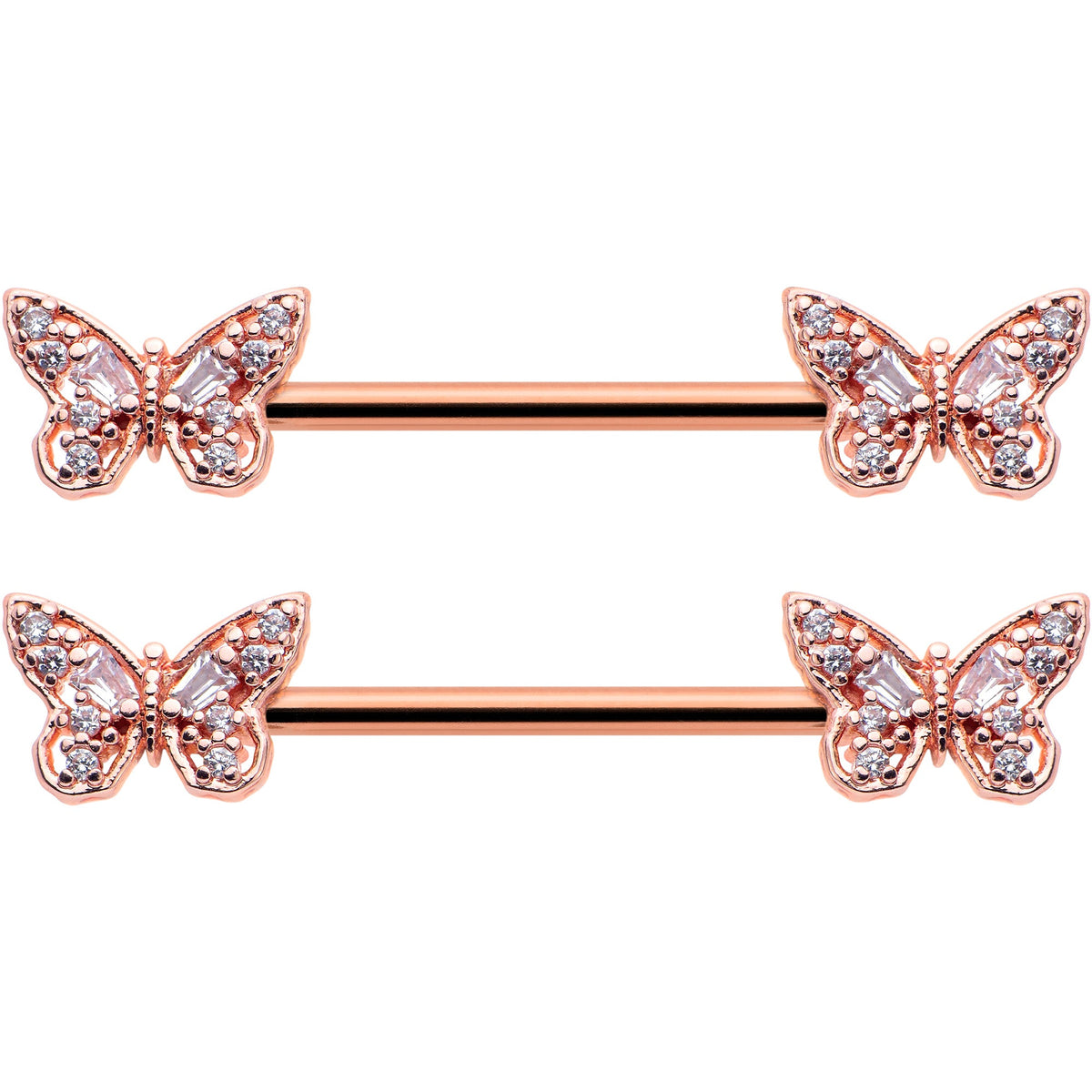 14G 9/16 Clear Gem Rosy Tone Baroque Butterfly Nipple Ring Set