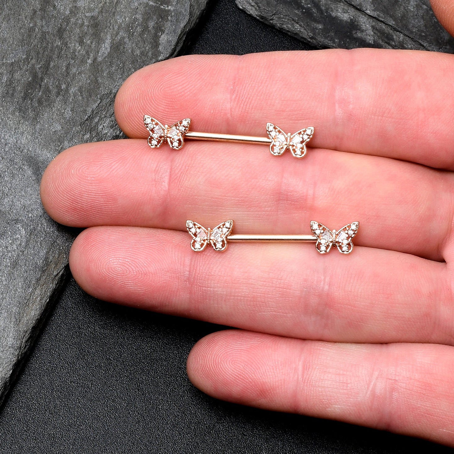 14G 9/16 Clear Gem Rosy Tone Baroque Butterfly Nipple Ring Set
