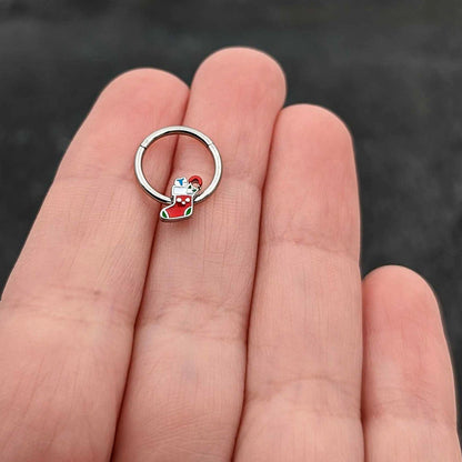16G 3/8 Happy Christmas Stocking Red Green Hinged Segment Ring