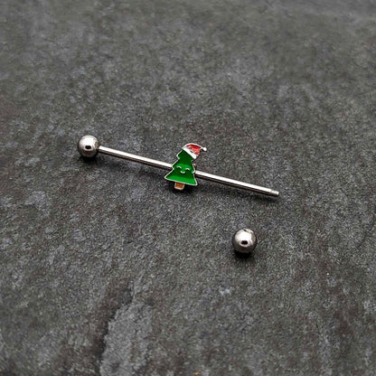 14G Happy Christmas Tree Hat Holiday Industrial Barbell 38mm