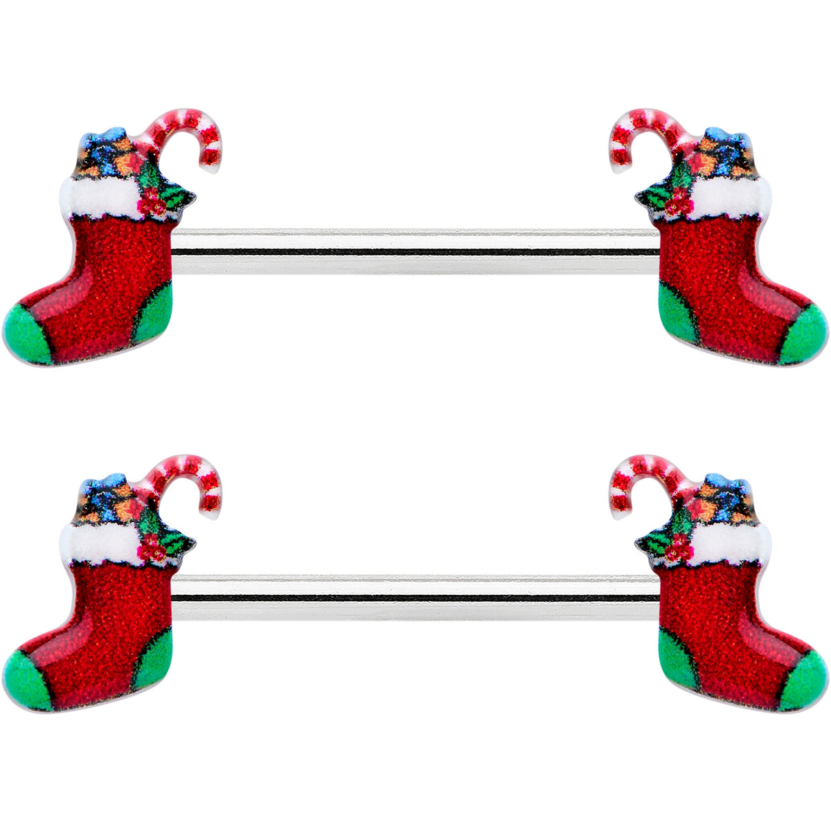 14G 9/16 Cheery Christmas Stocking Red Barbell Nipple Ring Set