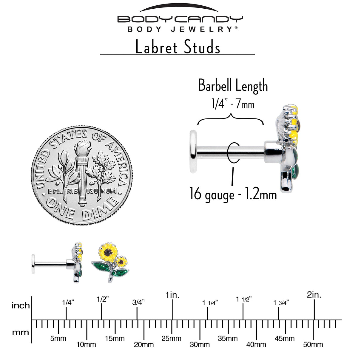 16G 1/4 Cheery Inlay Sunflowers Labret