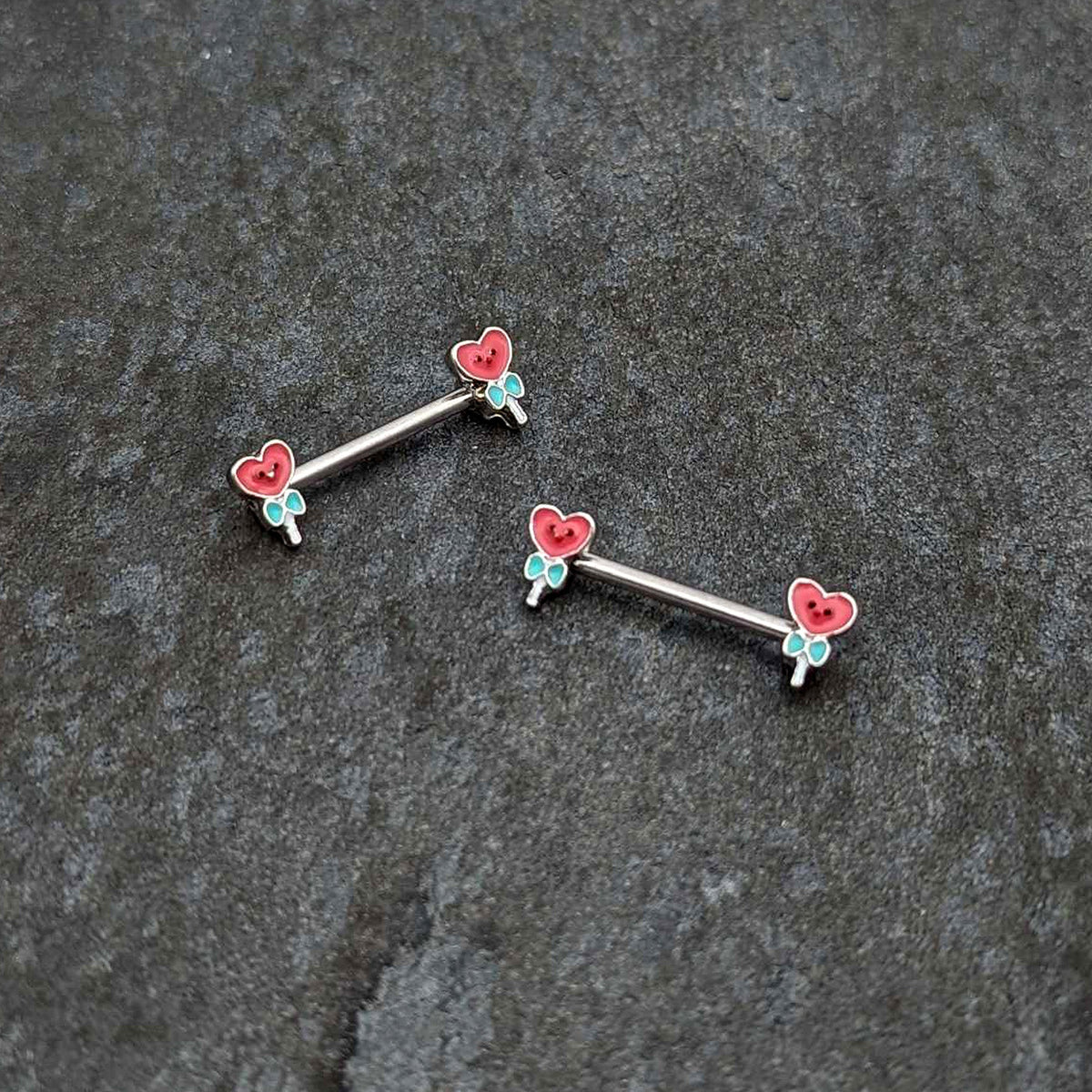 14G 9/16 Sweet Happy Heart Lollipop Barbell Nipple Ring Set
