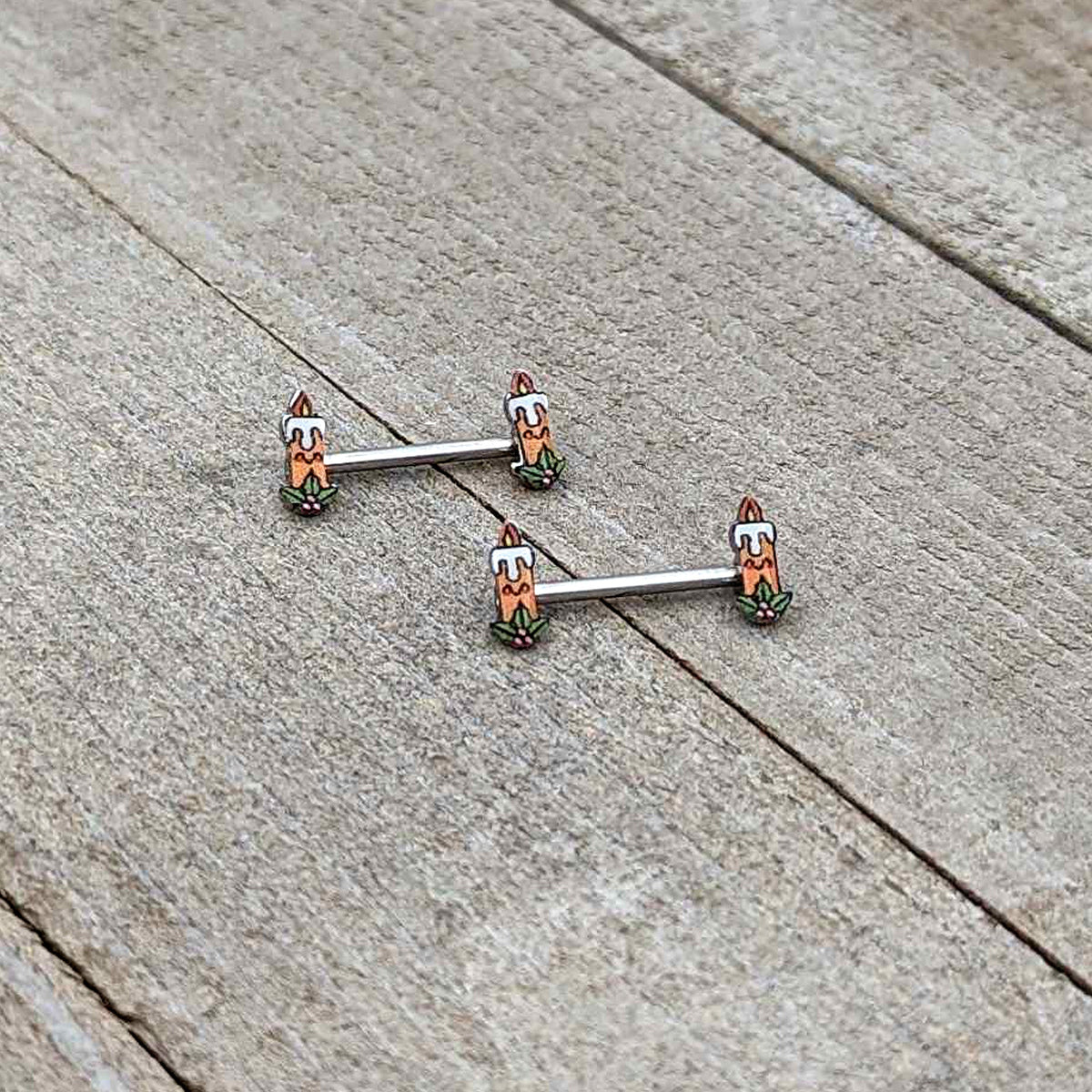 14G 9/16 Sweet Holiday Christmas Candle Barbell Nipple Ring Set