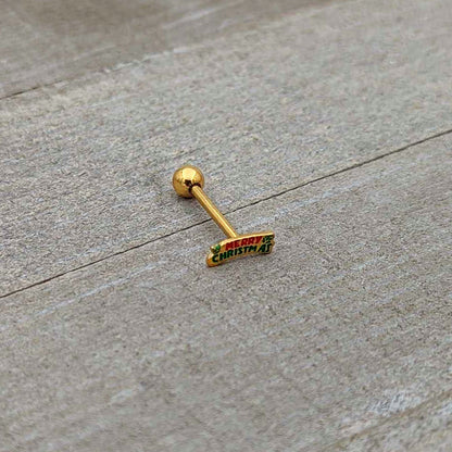 Gold Tone Merry Christmas Inlaid Red Green Barbell Tongue Ring