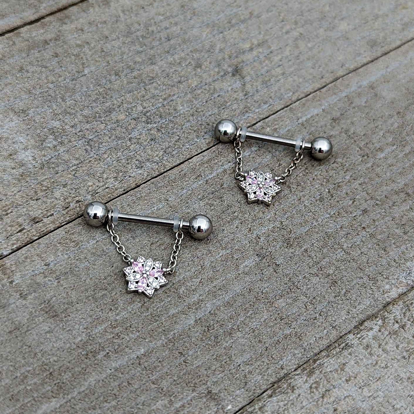 14G 9/16 Pink Clear CZ Gem Snowflake Chain Dangle Nipple Ring Set