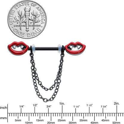 14G 11/16 Black Vampire Fangs Chain Dangle Nipple Ring Set