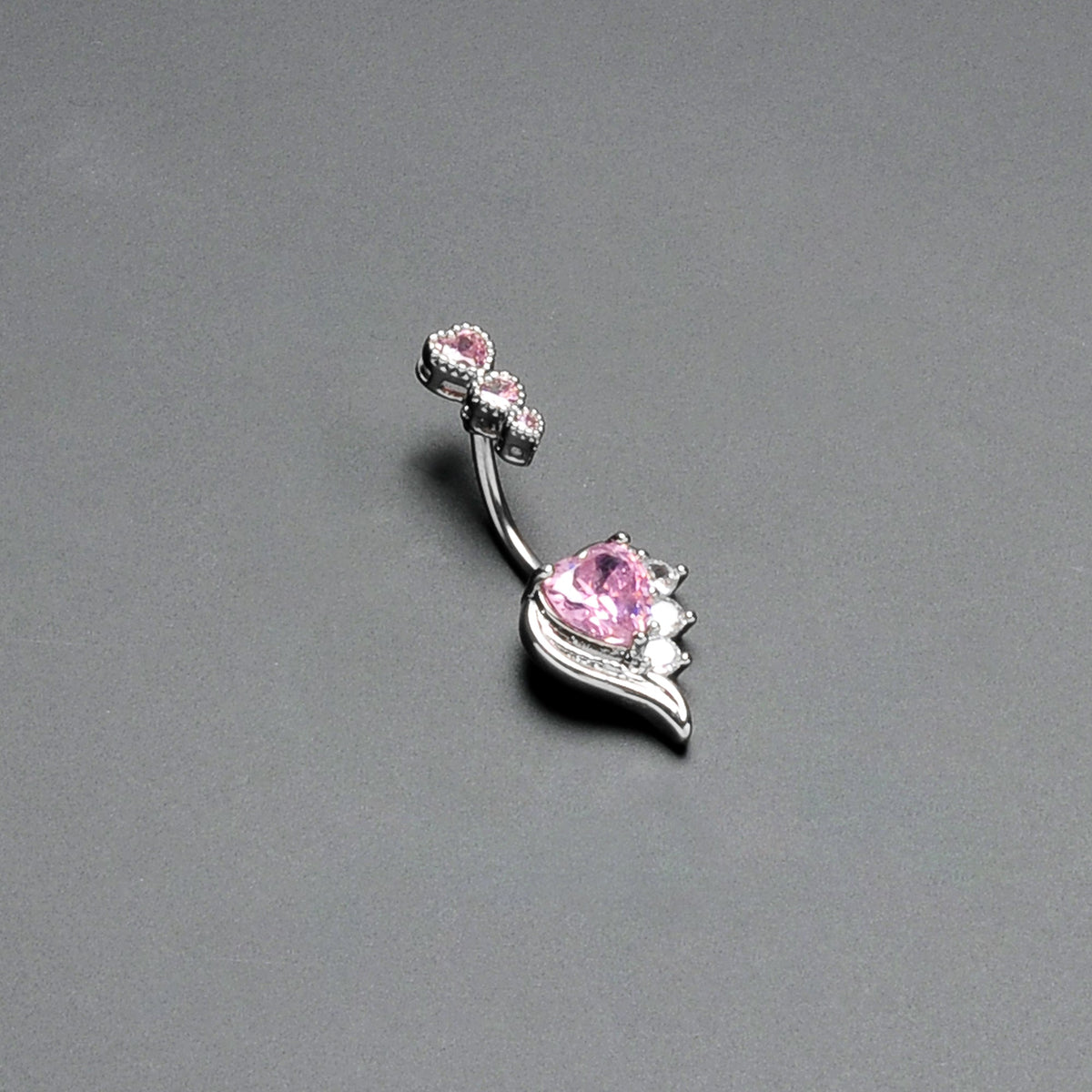 Pink CZ Gem Triple Drop Flare Heart Valentine Double Mount Belly Ring