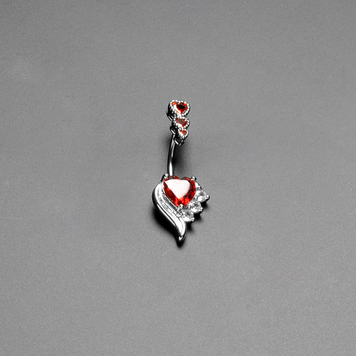 Red CZ Gem Triple Drop Flare Heart Valentine Double Mount Belly Ring