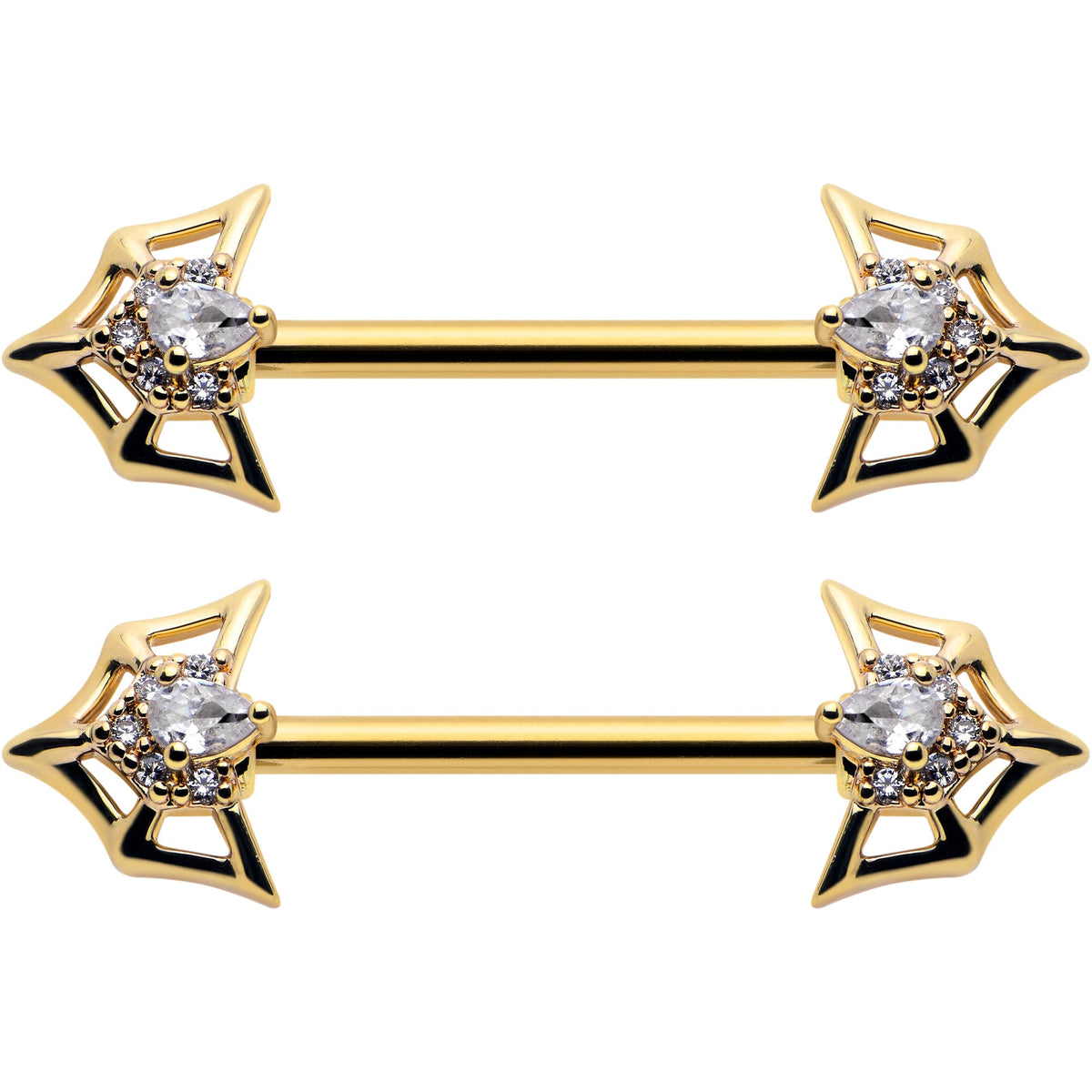 14G 5/8 Clear Gem Gold Tone Spider Bat Barbell Nipple Ring Set