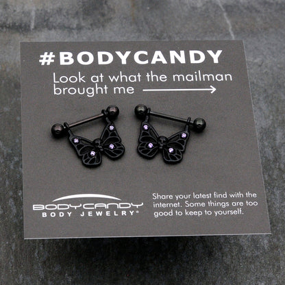 14G 11/16 Purple CZ Gem Black Skull Butterfly Dangle Nipple Ring Set