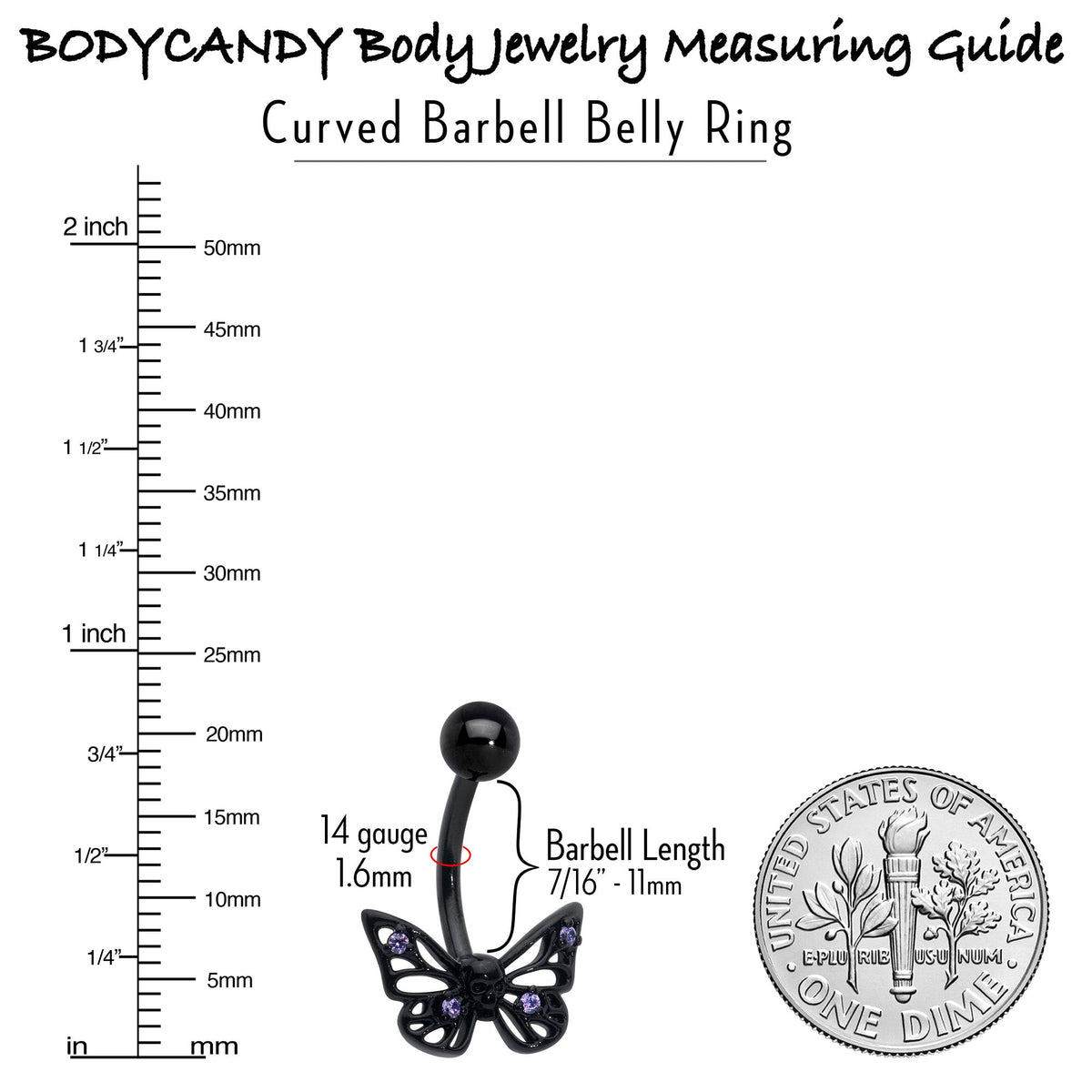 Purple CZ Gem Black Skull Butterfly Belly Ring