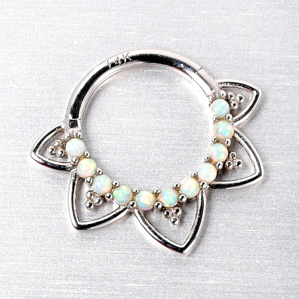 16G 5/16 White Synthetic Opal 14k White Gold Filigree Hinged Segment Ring