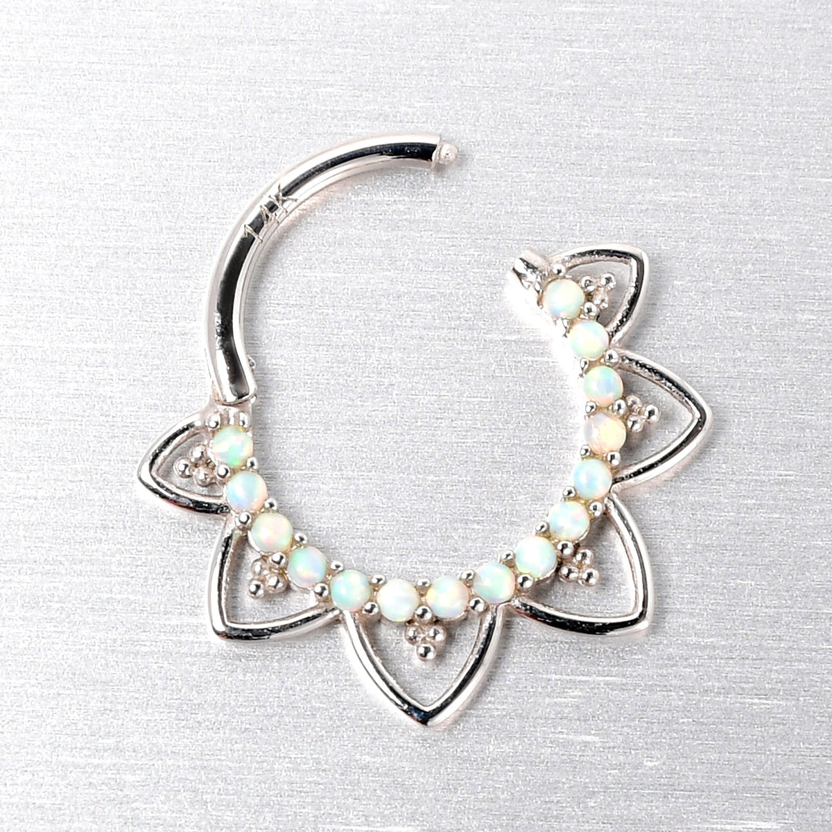 16G 3/8 White Synthetic Opal 14k White Gold Filigree Hinged Segment Ring