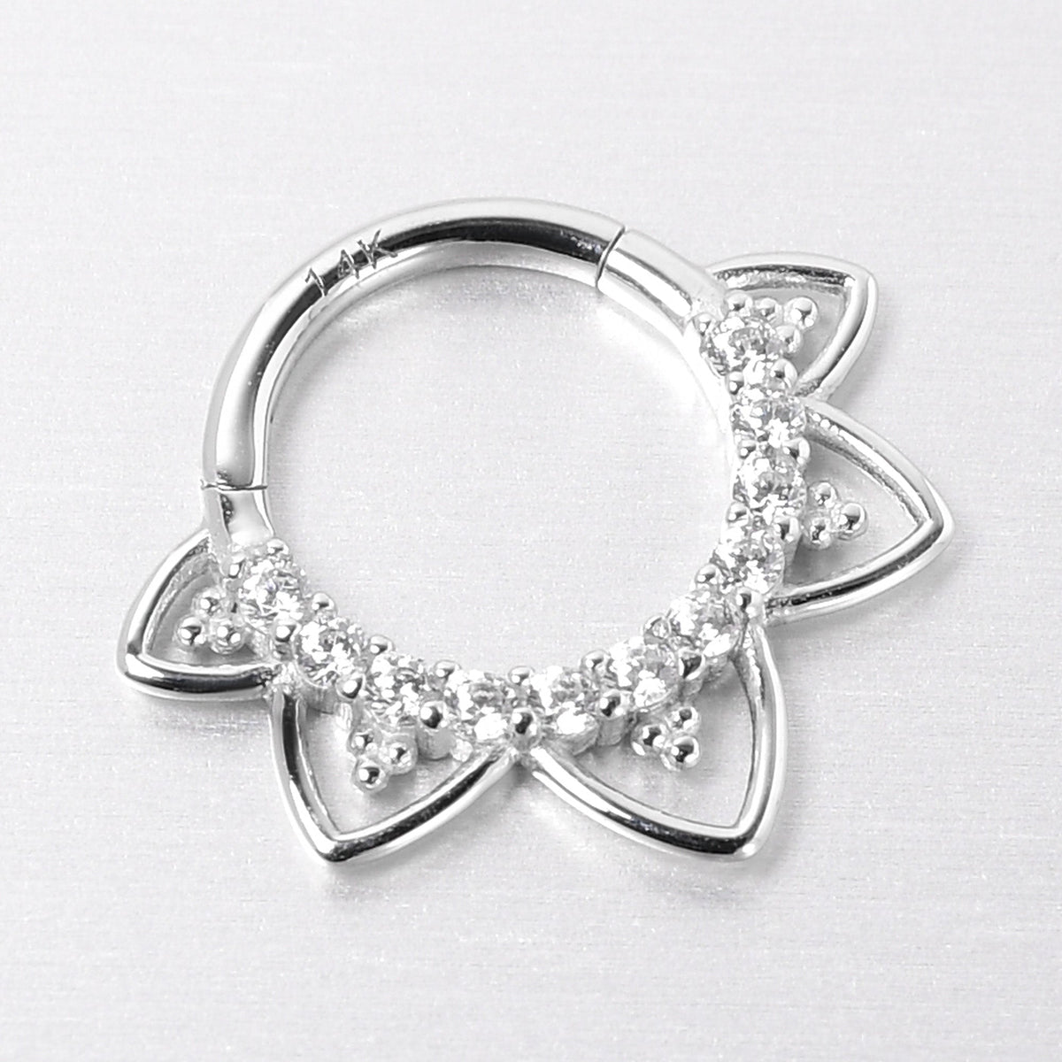 16G 5/16 Clear CZ Gem 14k White Gold Filigree Hinged Segment Ring