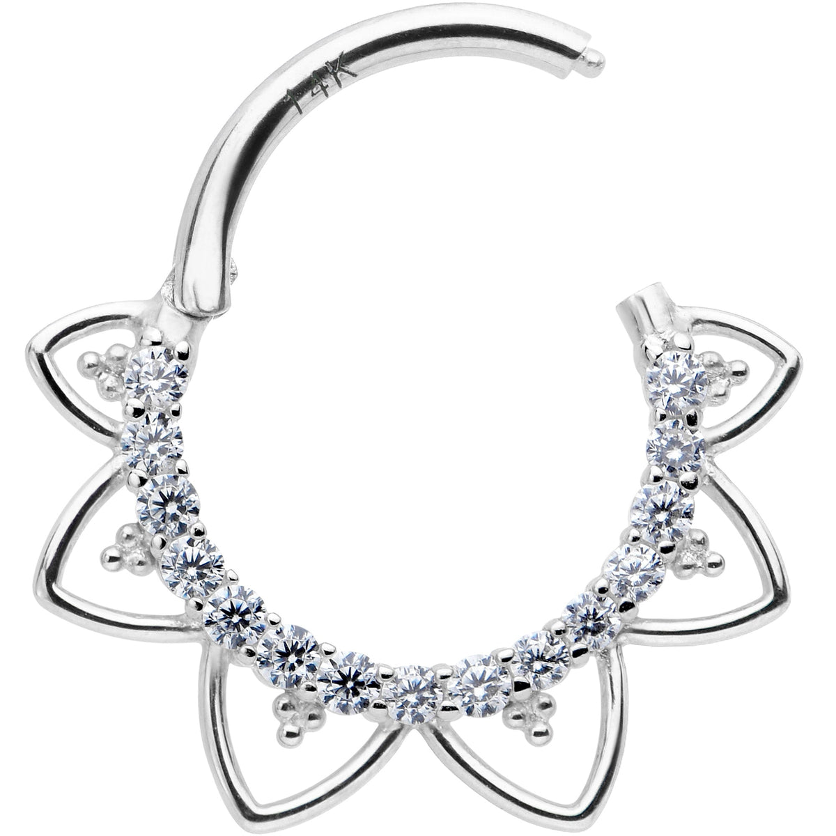 16G 3/8 Clear CZ Gem 14k White Gold Filigree Hinged Segment Ring