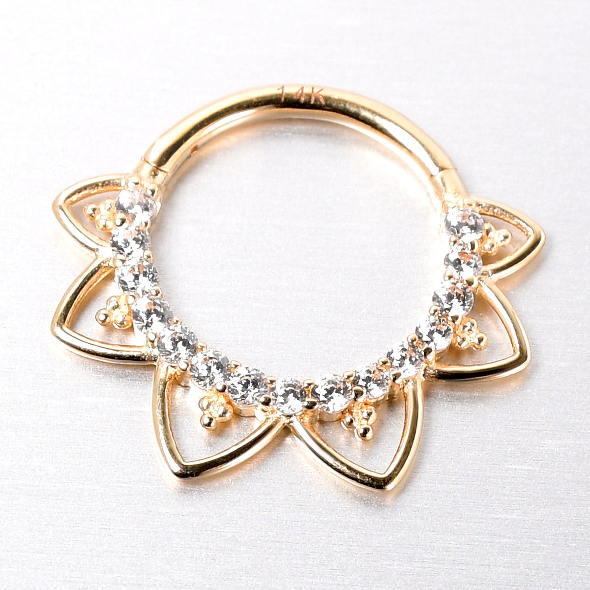 16G 3/8 Clear CZ Gem 14k Yellow Gold Filigree Hinged Segment Ring
