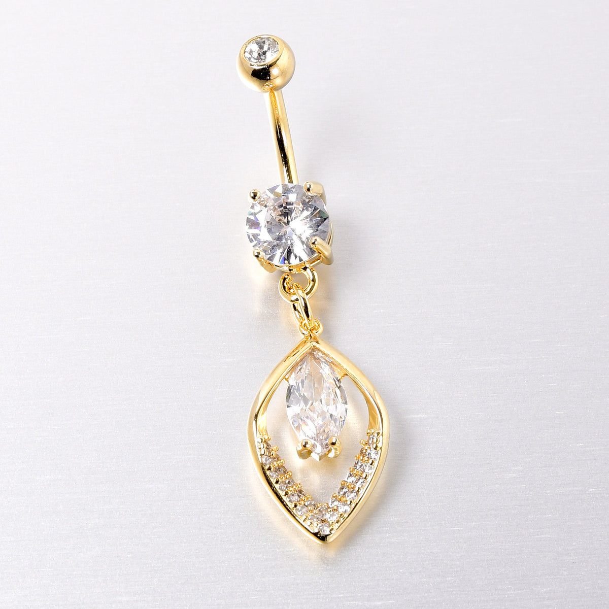 Clear CZ Gem Gold Tone Lush Leaf Dangle Belly Ring