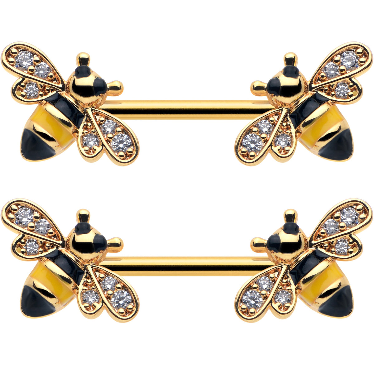 14G 9/16 Clear CZ Gem Gold Hue Honey Bees Barbell Nipple Ring Set