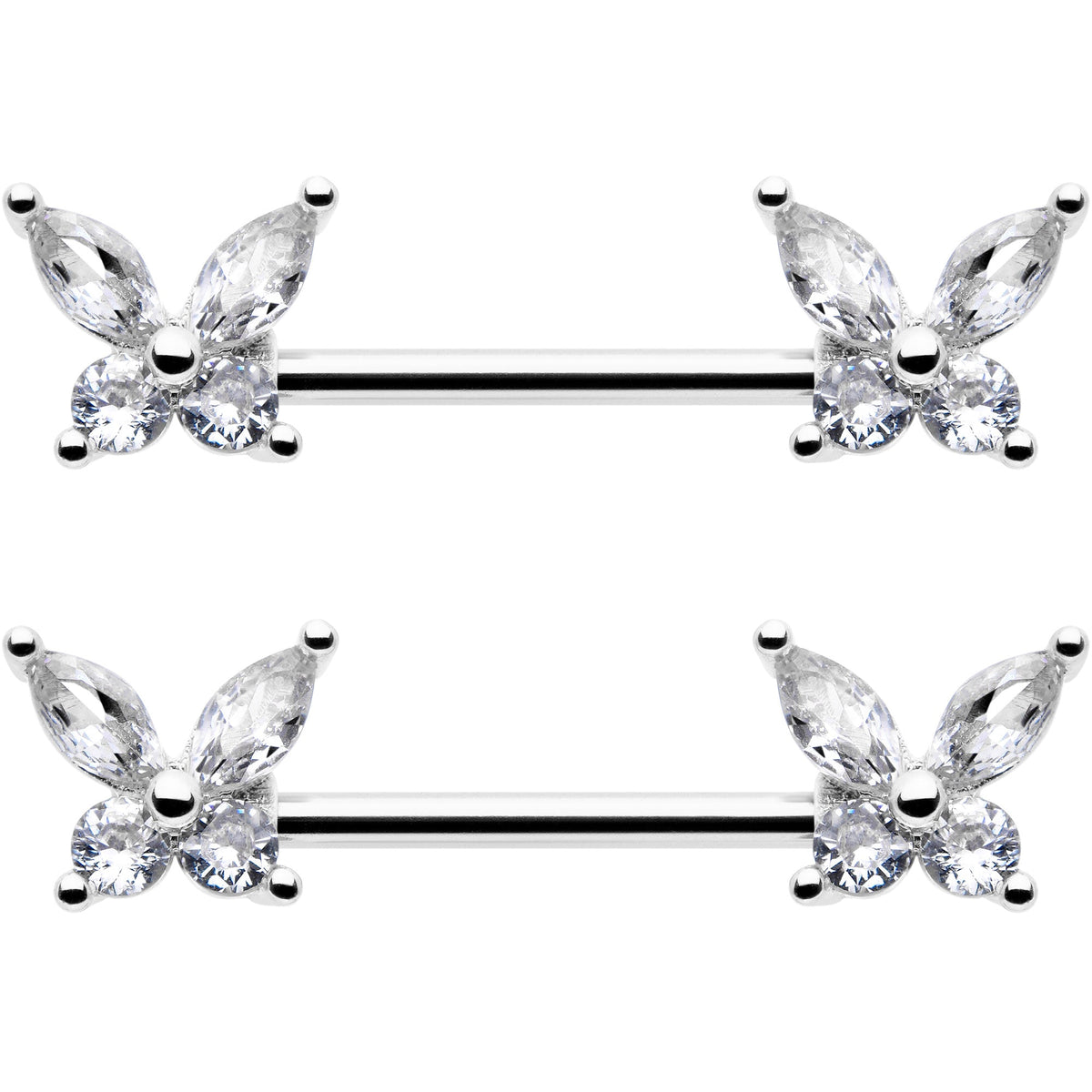 14G 9/16 Clear CZ Gem Butterflies Barbell Nipple Ring Set