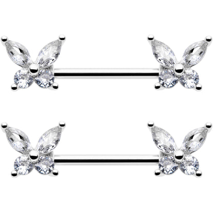 14G 9/16 Clear CZ Gem Butterflies Barbell Nipple Ring Set
