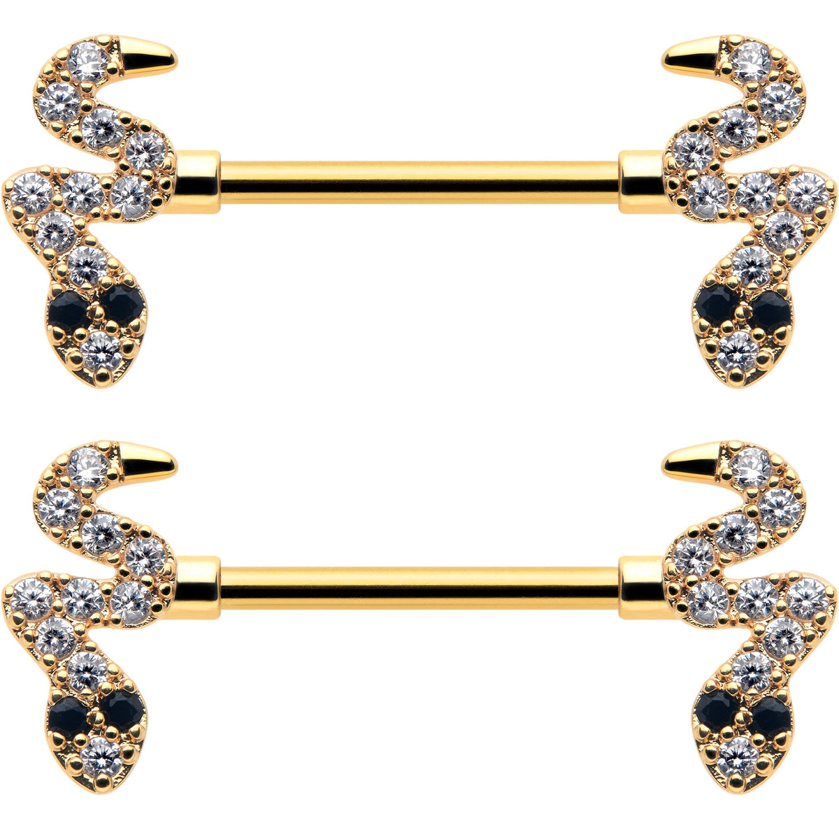 14G 9/16 Clear Black CZ Gem Gold Tone Sexy Snakes Nipple Ring Set