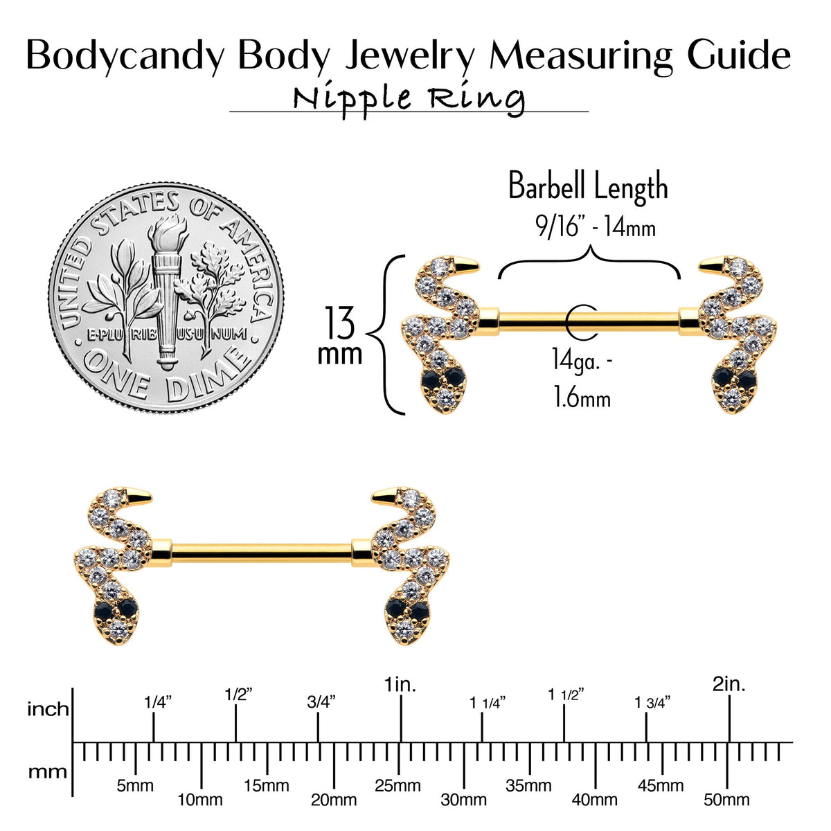14G 9/16 Clear Black CZ Gem Gold Tone Sexy Snakes Nipple Ring Set