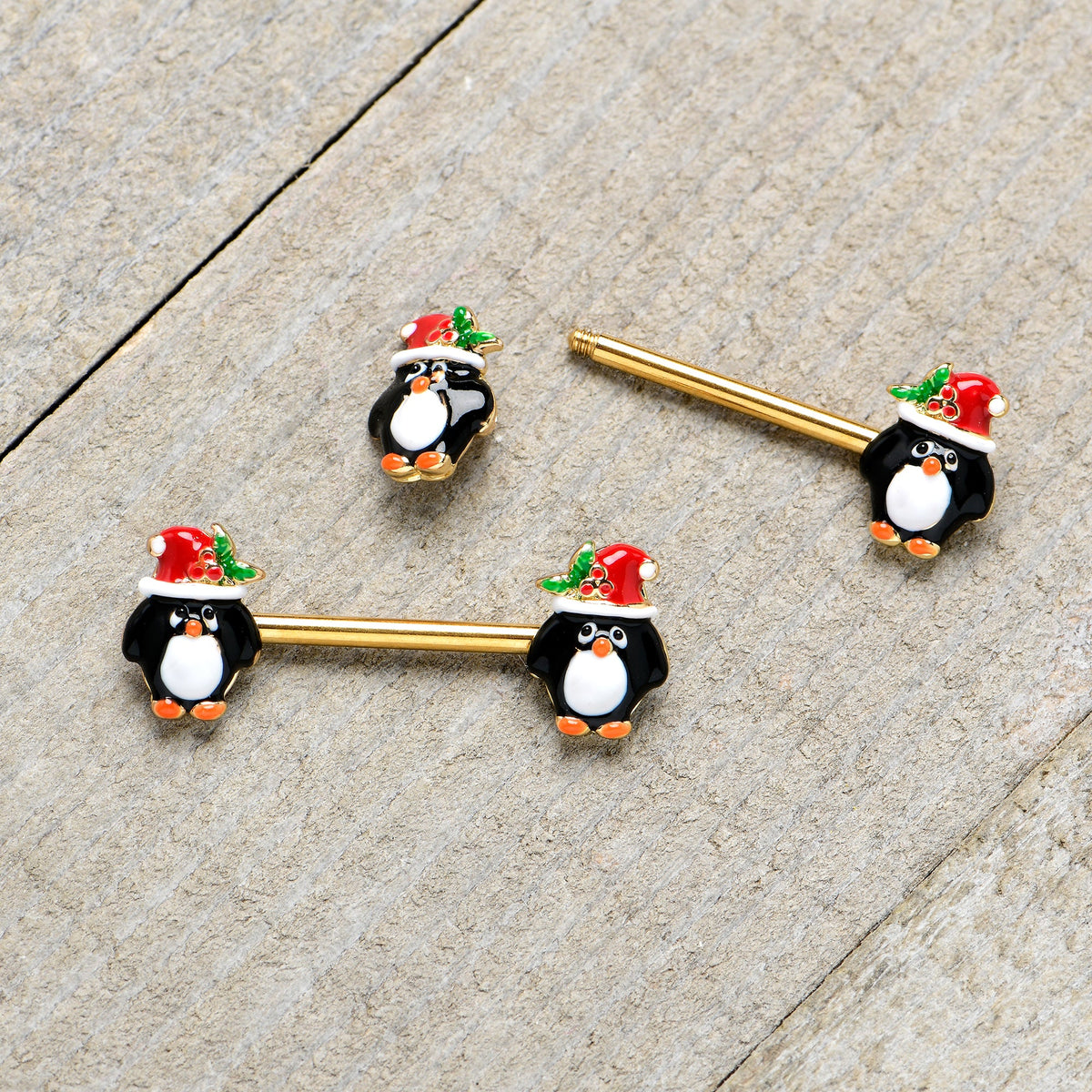 14G 9/16 Gold Tone Holly Hat Penguin Barbell Nipple Ring Set