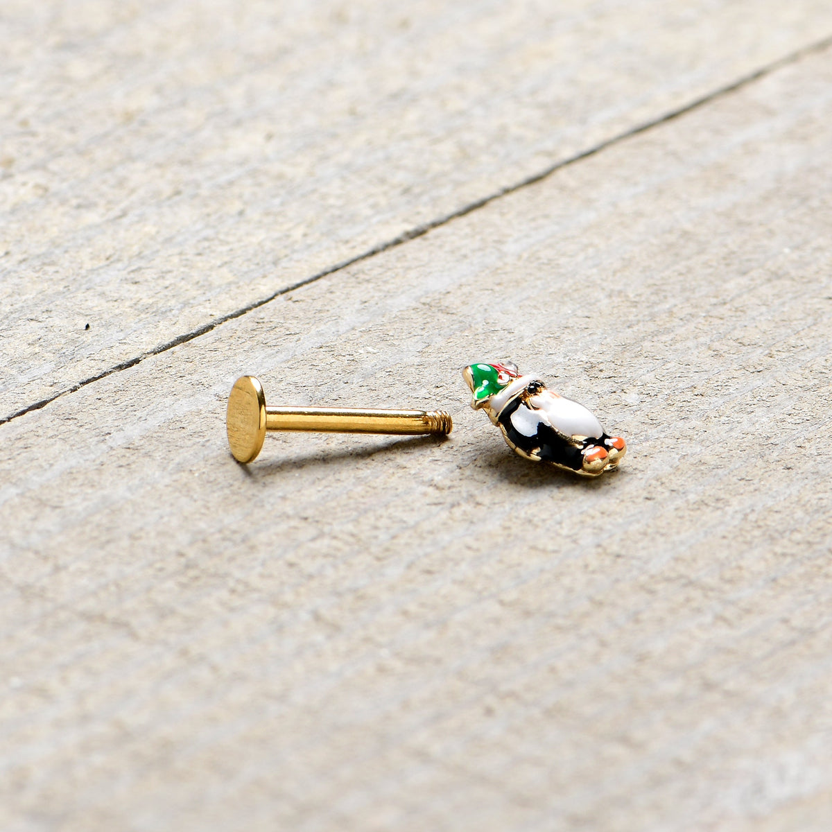 16G 5/16 Gold Tone Holly Hat Penguin Holiday Labret Monroe Tragus