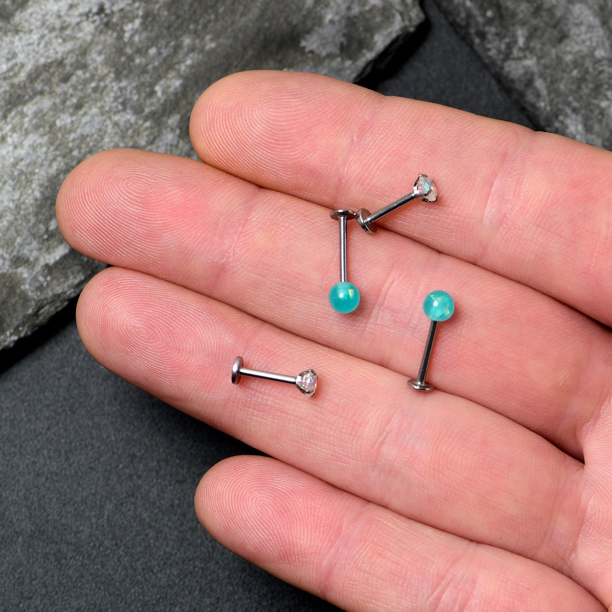 16G 5/16 3/8 Aurora Gem Green Faux Opal Labret Monroe Set of 4