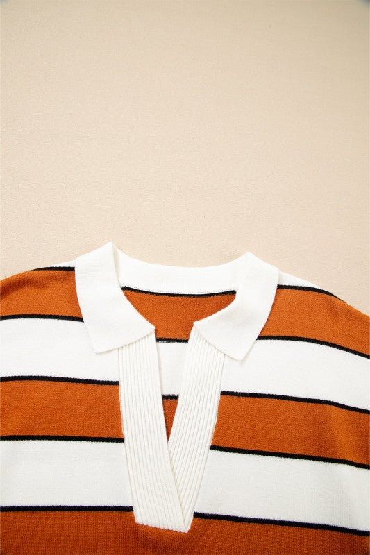 Valeria Stripe Ribbed Polo Collar Drop Shoulder Sw