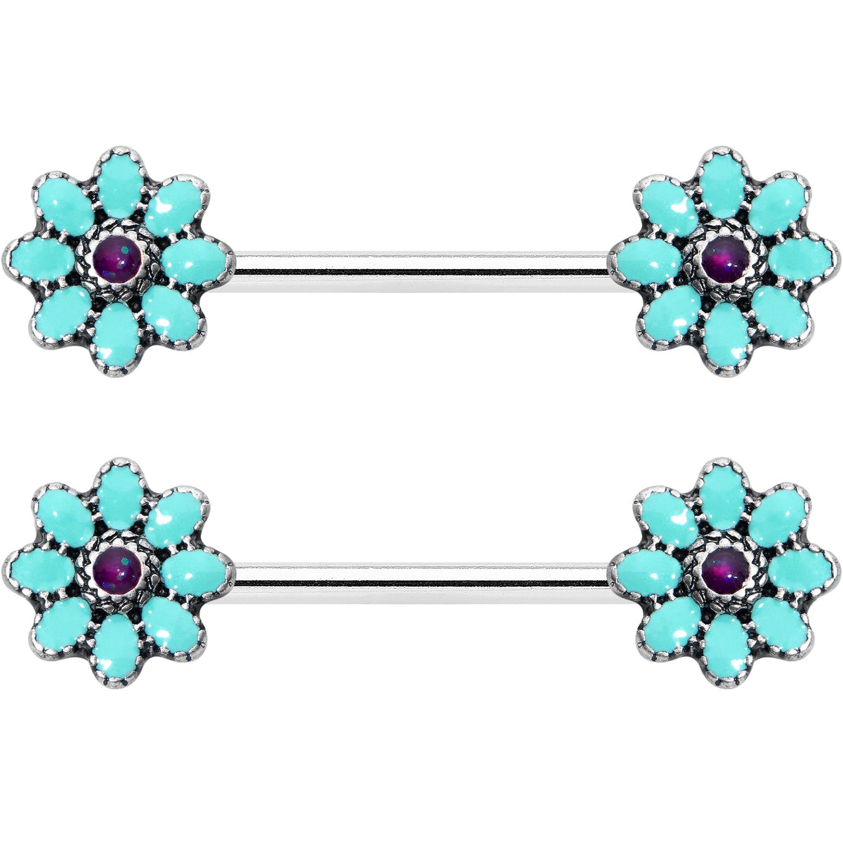 14G 9/16 Blue Faux Opal Flower Teal Petals Barbell Nipple Ring Set