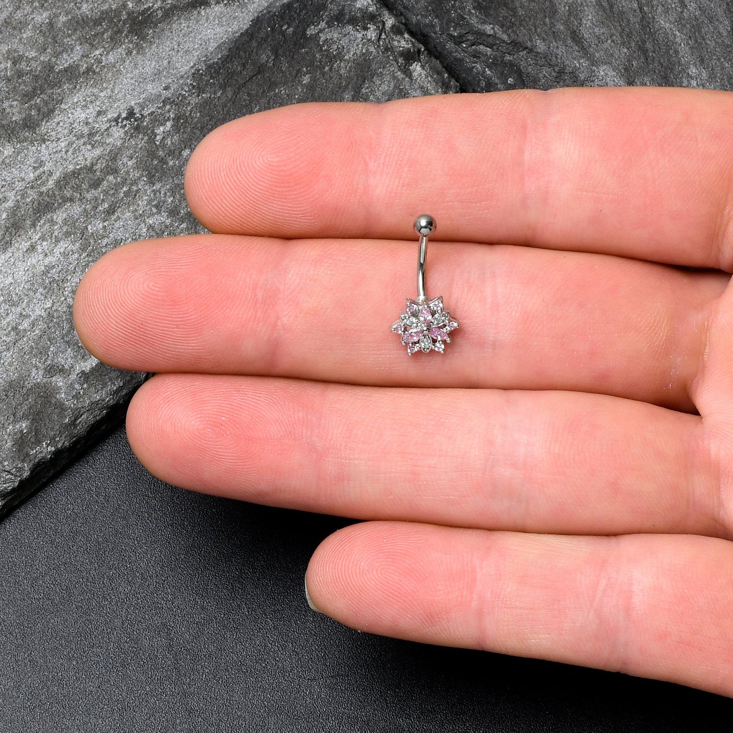 16G 5/16 Pink Clear CZ Gem Snowflake Style Curved Eyebrow Ring