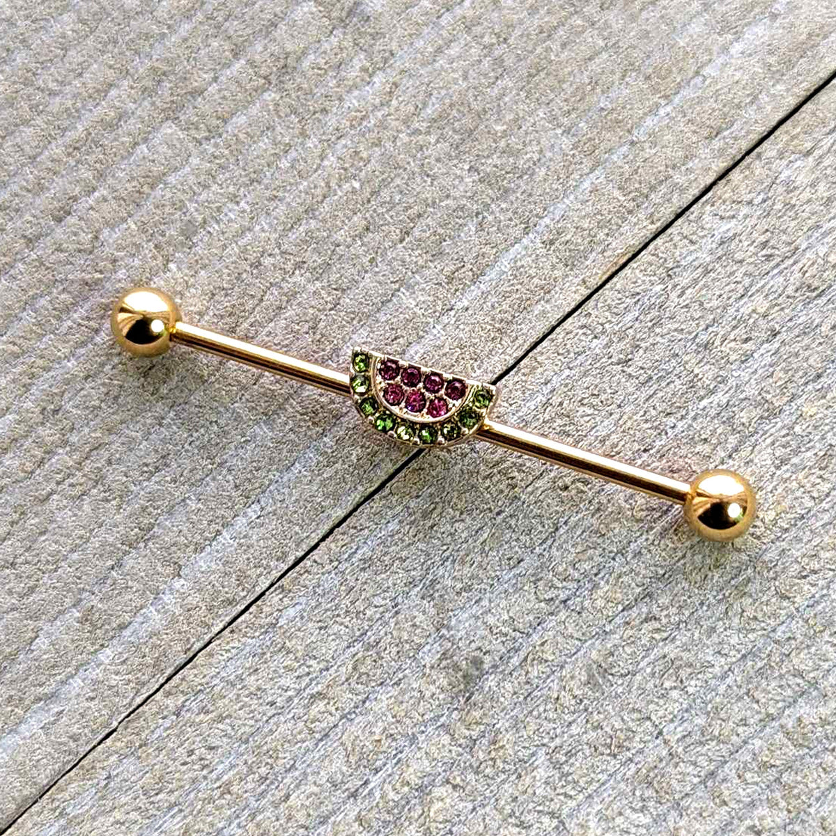 14G Pink Green Gem Gold Hue Watermelon Yum Industrial Barbell 38mm