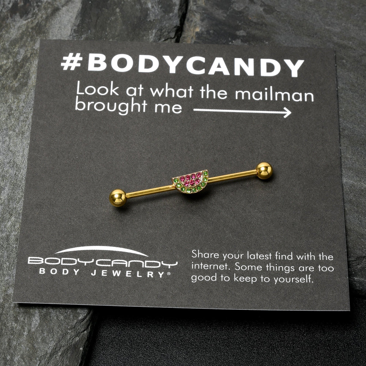 14G Pink Green Gem Gold Hue Watermelon Yum Industrial Barbell 38mm
