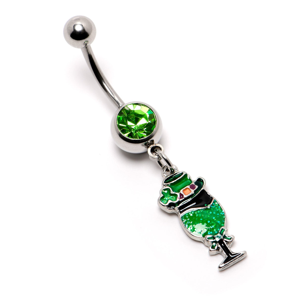 Green Gem Fancy Leprechaun St Patricks Dangle Belly Ring