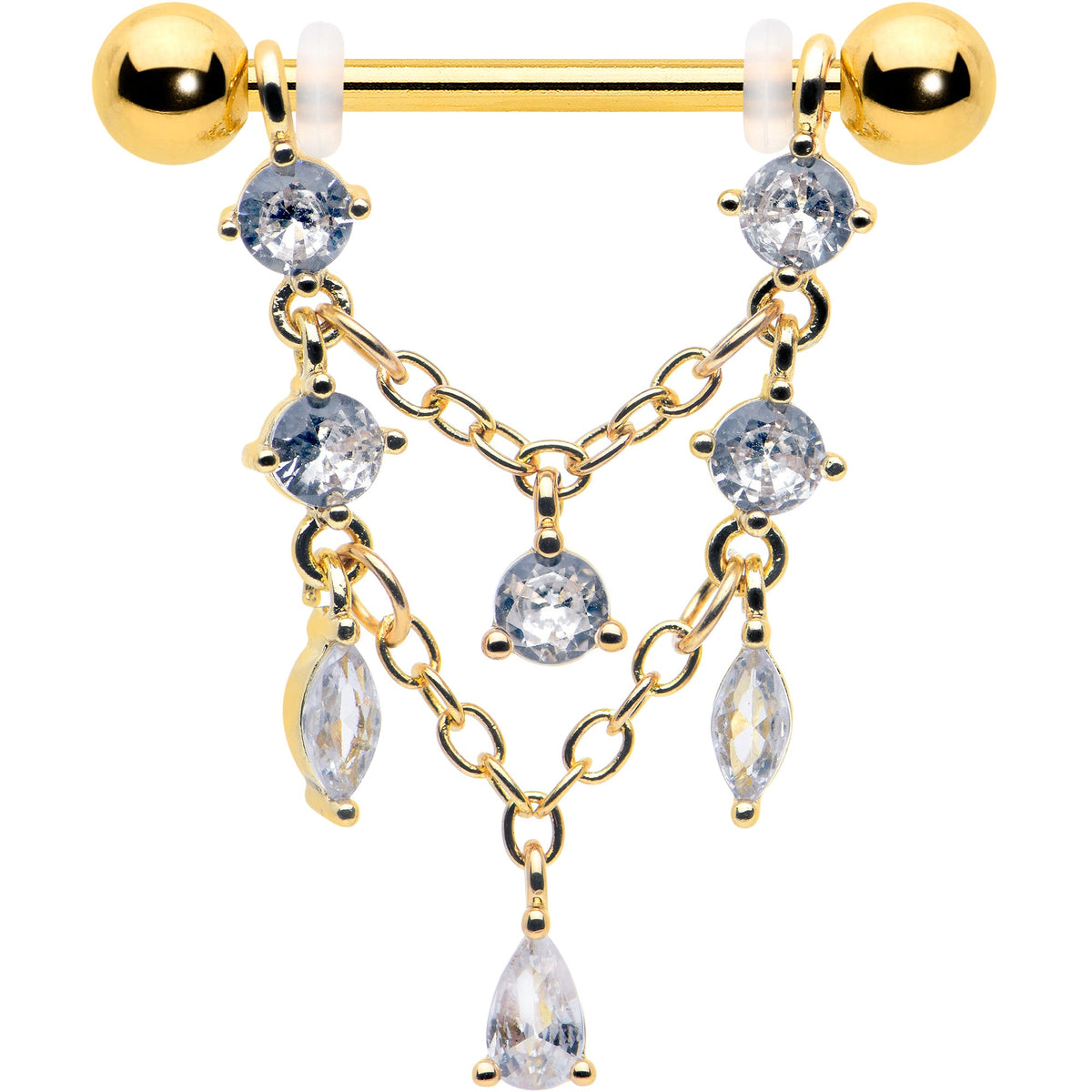 14G  9/16 Clear Gem Gold Tone Double Chain Dangle Nipple Ring Set