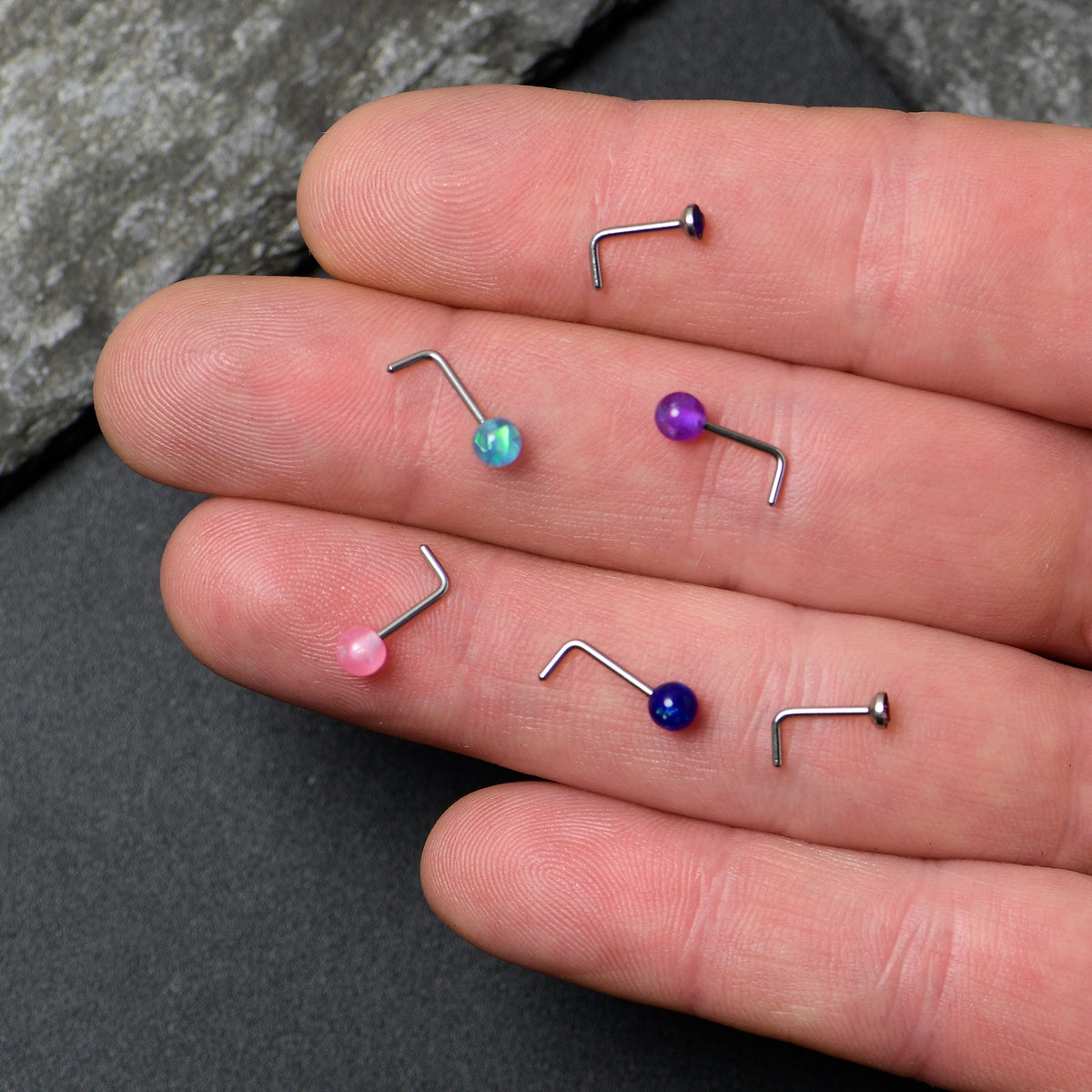 20G 1/4 Purple Gem Blue Pink Faux Opal Pack L Shape Nose Ring Set of 6