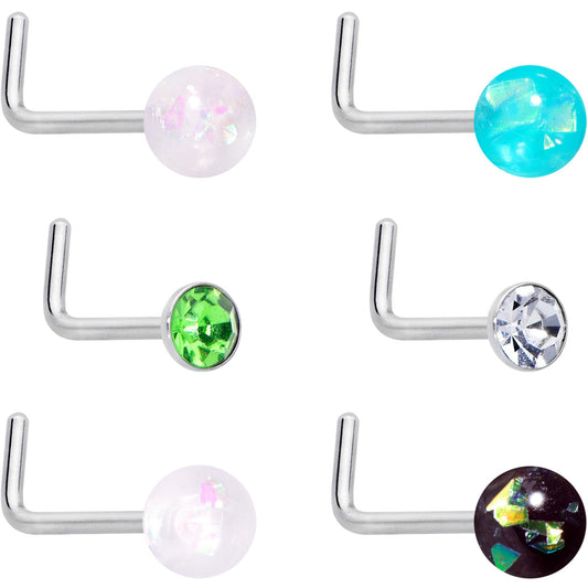 20G 1/4 Green Gem Green Aurora Faux Opal Pack L Shape Nose Ring Set of 6